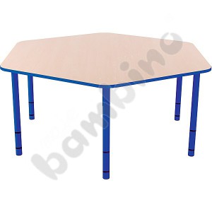 Hexagonal Bambino table with blue edge and adjustable height