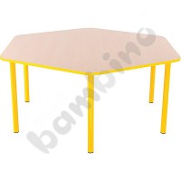 Hexagonal Bambino table with yellow edge and adjustable height