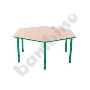 Hexagonal Bambino table with green edge and adjustable height