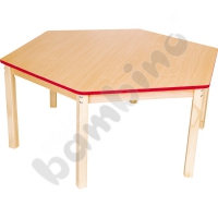 Hexagonal maple tabletop with colourful edge red