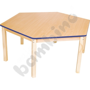Hexagonal maple tabletop with colourful edge blue