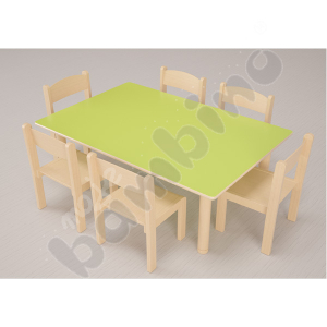 Table Flexi rectangular green + 6 Philip chairs size 1 beech