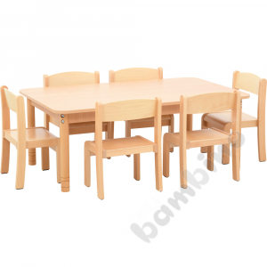 Rectangular maple table with 6 Filipek beech chairs, size 1