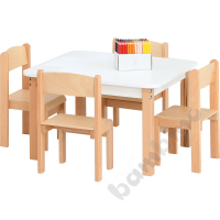Square white table with 4 Filipek beech chairs, size 2