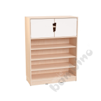 Echtholz - L cabinet with 5 shelves, white S doors on top, cutout handle, with plinth
