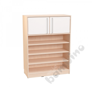 Echtholz - L cabinet with 5 shelves, white S doors with silver railing on top, with plinth