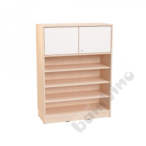 Echtholz - L cabinet with 5 shelves, white S doors on top, lock, with plinth