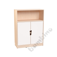 Echtholz - L cabinet with white M doors with cutout handle, with plint