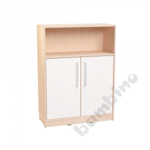 Echtholz - L cabinet with white M doors with silver railing and plinth