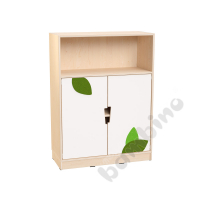 Echtholz - L cabinet with white M doors with applique and cutout handle, with plint