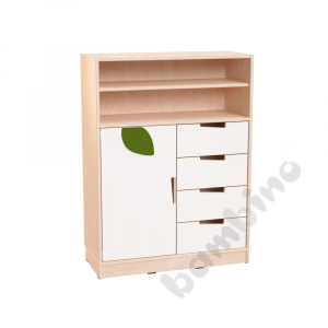 Echtholz - L cabinet, white doors on left side with applique and cutout handle, with plinth