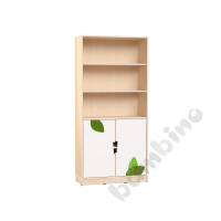 Echtholz - big bookcases with white M doors on bottom, applique and cutout handle, with plinth