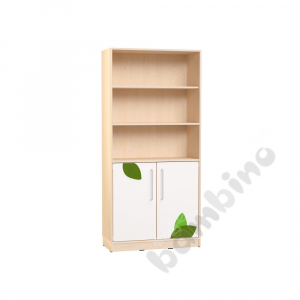 Echtholz - big bookcases with white M doors on bottom, with silver railing, applique, with plinth