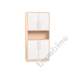 Echtholz - big bookcases with 2 pairs of white doors with silver railing, with plinth