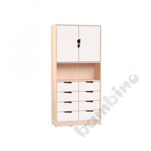 Echtholz - big cabinet with open shelf, white fronts, cutout handle, with plinth