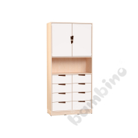 Echtholz - big cabinet with open shelf, white fronts, cutout handle, with plinth