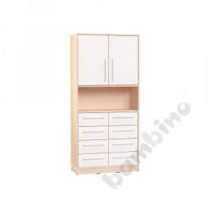 Echtholz - big cabinet with open shelf, white fronts, with plinth