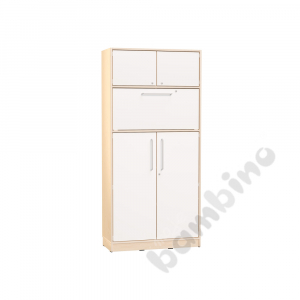 Echtholz - big cabinet with folding tabletop for stading work, white doors with lock, with plinth