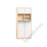 Echtholz - big cabinet with folding tabletop for stading work, white doors with lock, with plinth