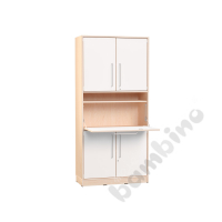 Echtholz - big cabinet with folding tabletop for sitting work, white doors with lock, with plinth