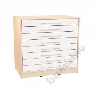 Echtholz - M cabinet with 8 white drawers, depth 60 cm, with plinth