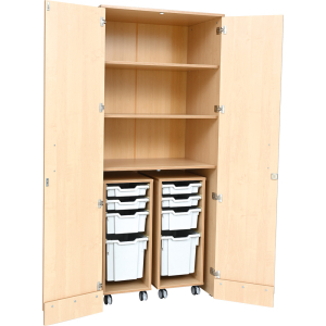 Flexi tall cabinet with mobile containers on wheels and grey plastic containers