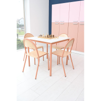Mila table 80 x 80 size 6, four-seater, salmon pink frame, white tabletop, ABS edge banding, straight corners