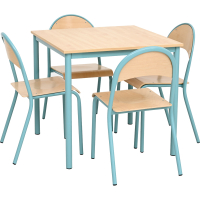 Mila table 80 x 80 size 6, four-seater, turquoise frame, maple tabletop, ABS edge banding, straight corners