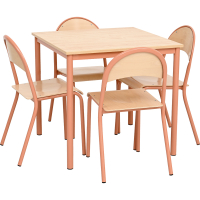 Mila table 80 x 80 size 6, four-seater, salmon frame, maple tabletop, ABS edge banding, straight corners