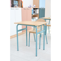 Daniel table 70 x 50 size 6, single, turquoise frame, maple tabletop, ABS edge banding, straight corners