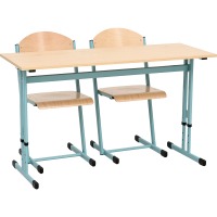 IN-R Table 130 x 50 adj. 3-7, double, turquoise frame, maple tabletop, ABS edge banding, straight corners